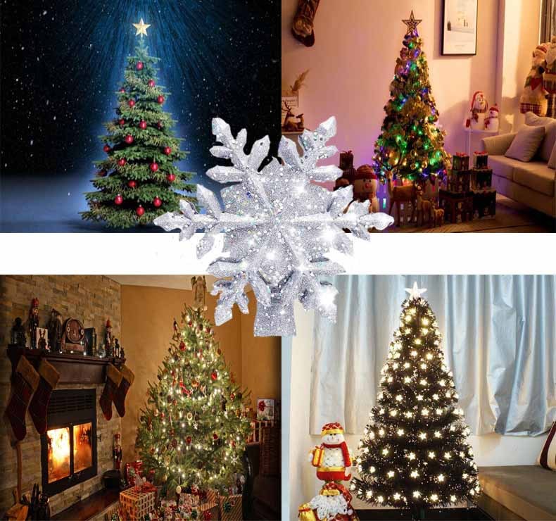 Christmas Tree Topper, Star, Lighted, 3D Glitter Silver Snow Tree Toppers Snowflake Projector New Year Home Decoration