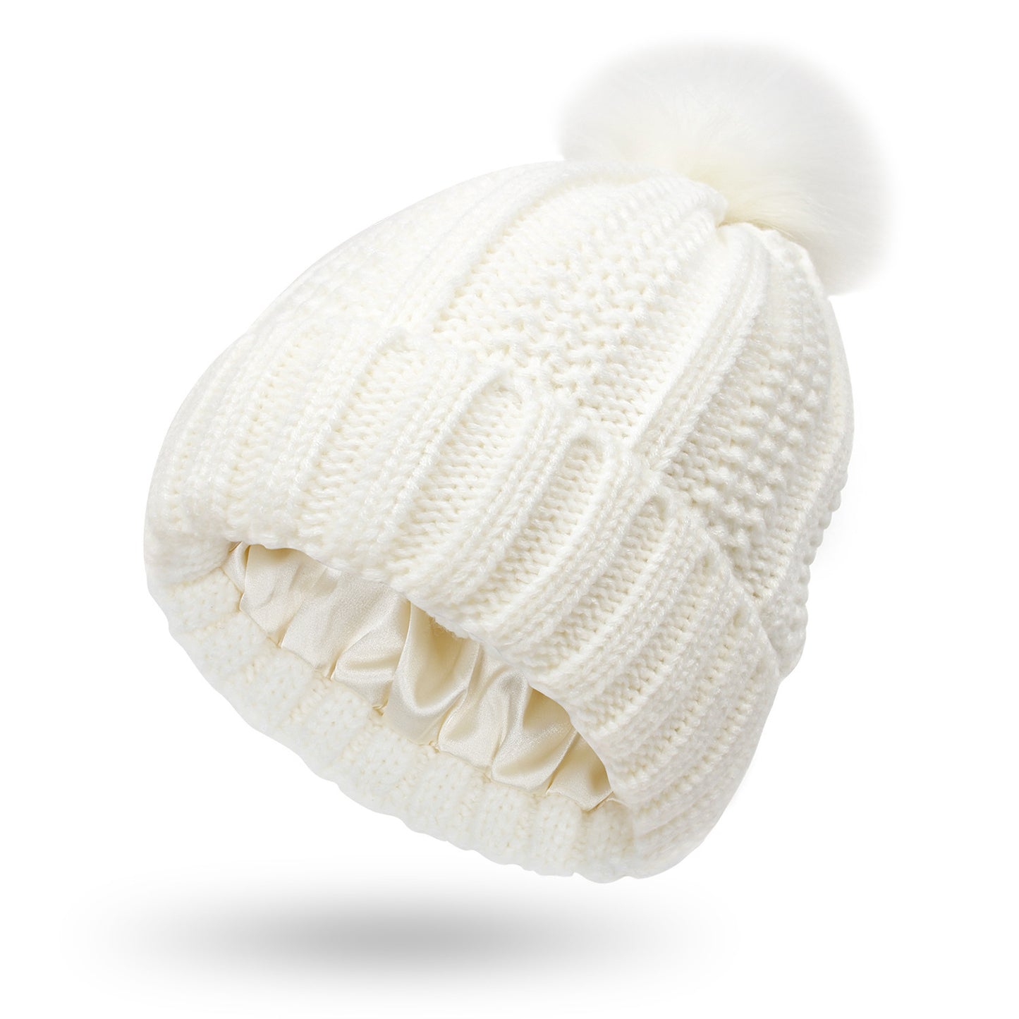 Satin Lined Knit Hats Beanie Hat For Women Toque Faux Fur Pom Pom Hat Winter Warm Beanie Hat