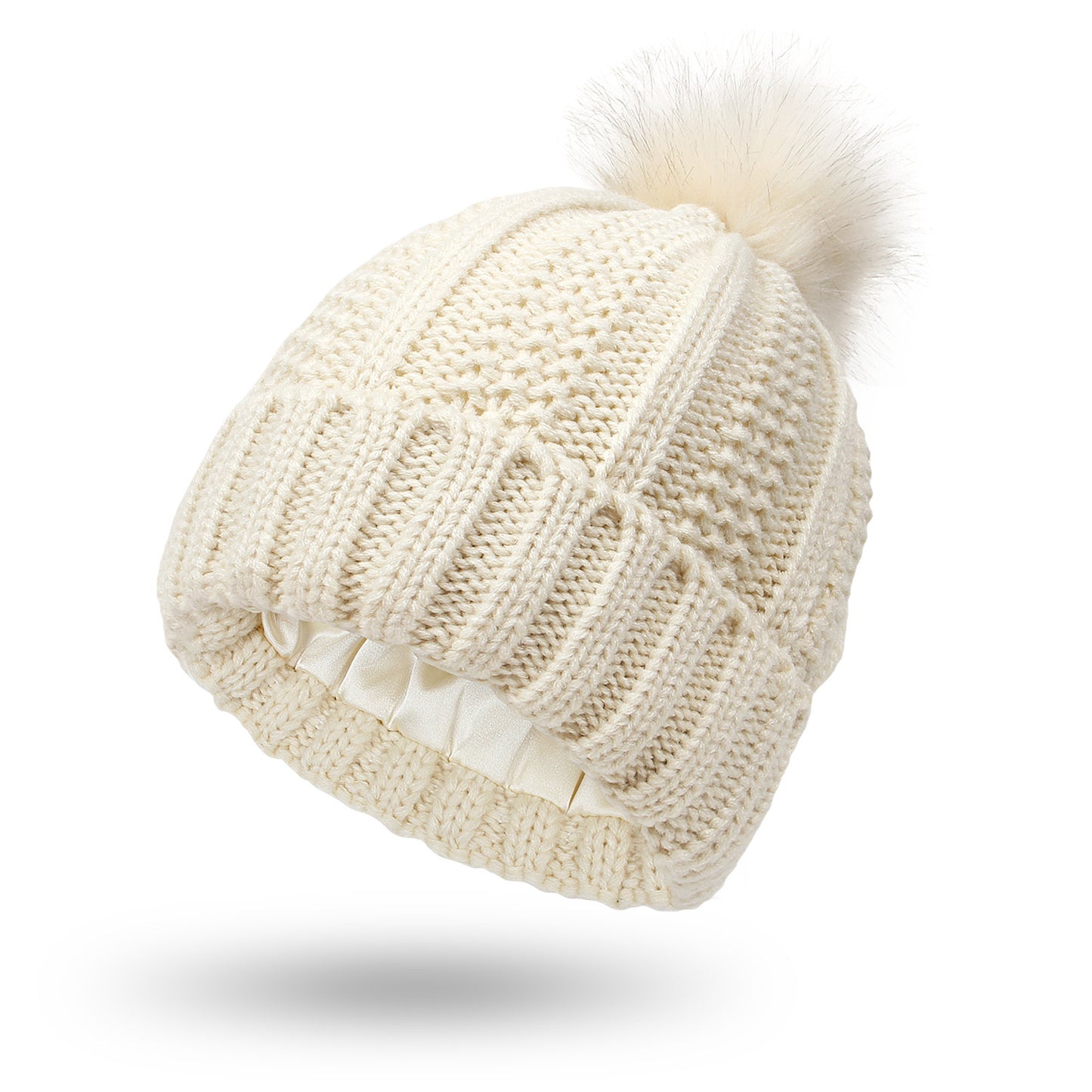 Satin Lined Knit Hats Beanie Hat For Women Toque Faux Fur Pom Pom Hat Winter Warm Beanie Hat