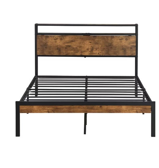 Queen Size, Metal Bed Frame With Wooden Headboard And Footboard With USB LINER