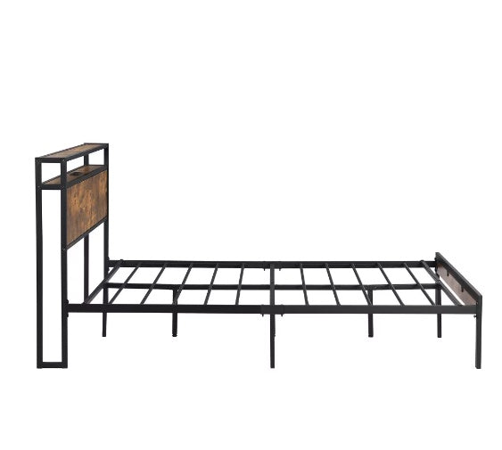 Queen Size, Metal Bed Frame With Wooden Headboard And Footboard With USB LINER