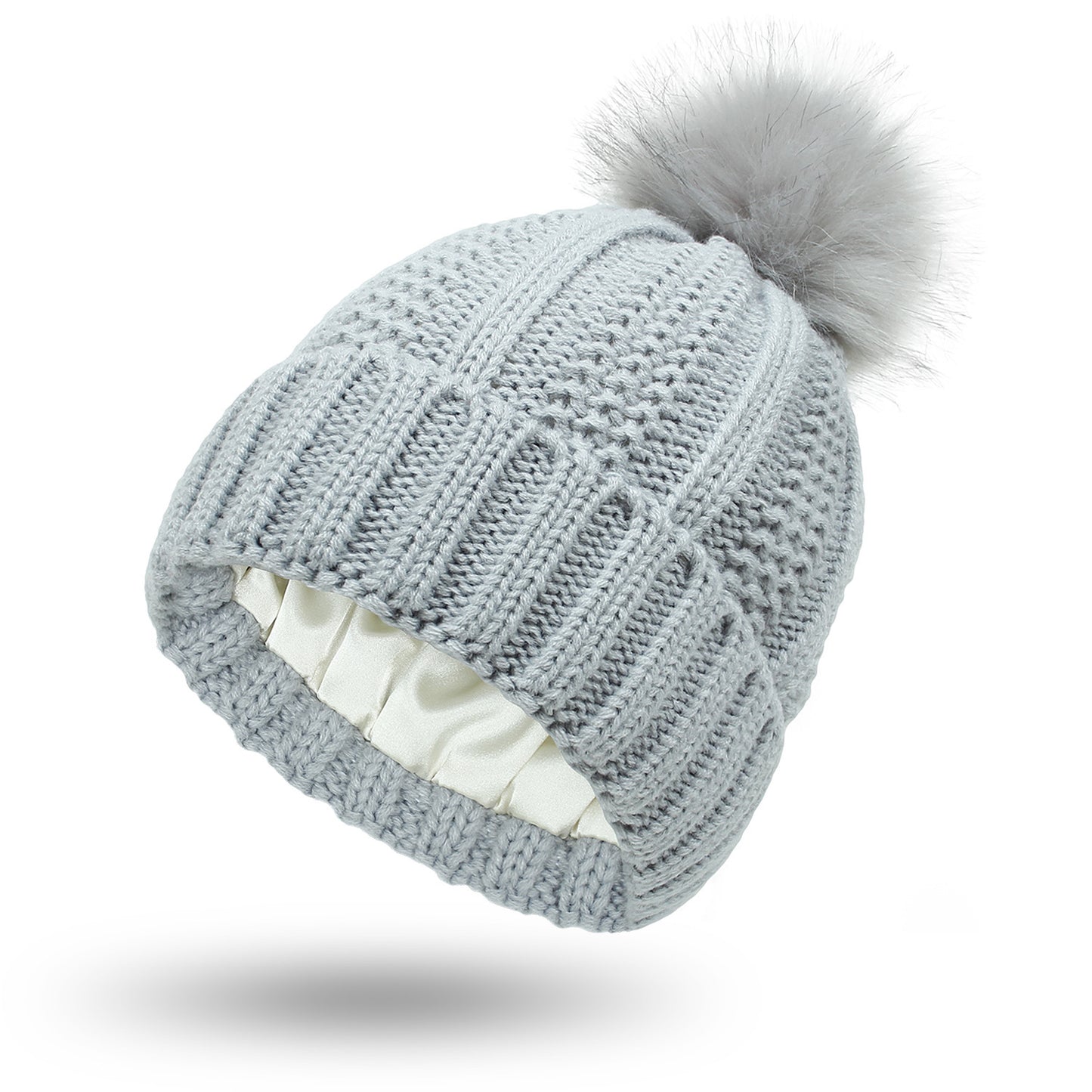 Satin Lined Knit Hats Beanie Hat For Women Toque Faux Fur Pom Pom Hat Winter Warm Beanie Hat