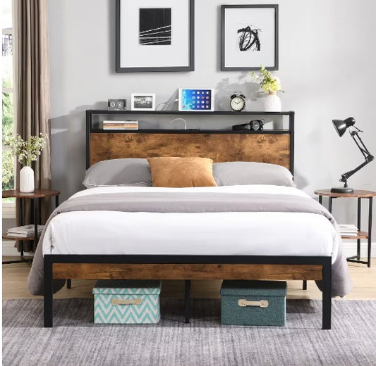 Queen Size, Metal Bed Frame With Wooden Headboard And Footboard With USB LINER