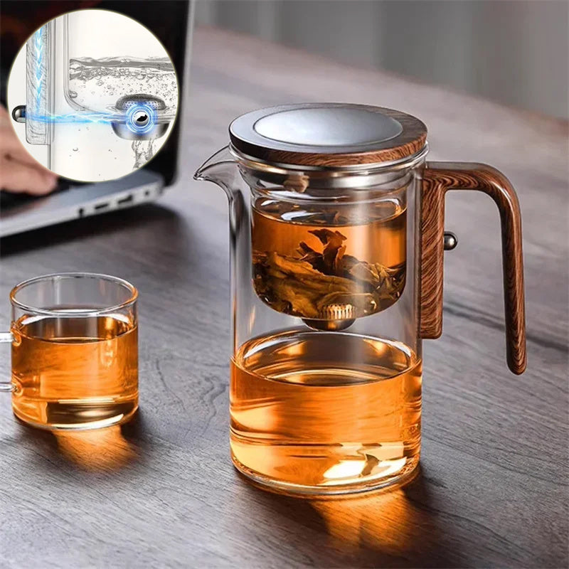 Tea Infuser, One Click Magnetic Teapot, Separation,  Filtration,  Glass Tea Pot,  Wood Handle Tea Water Separation Inner Container Teapot