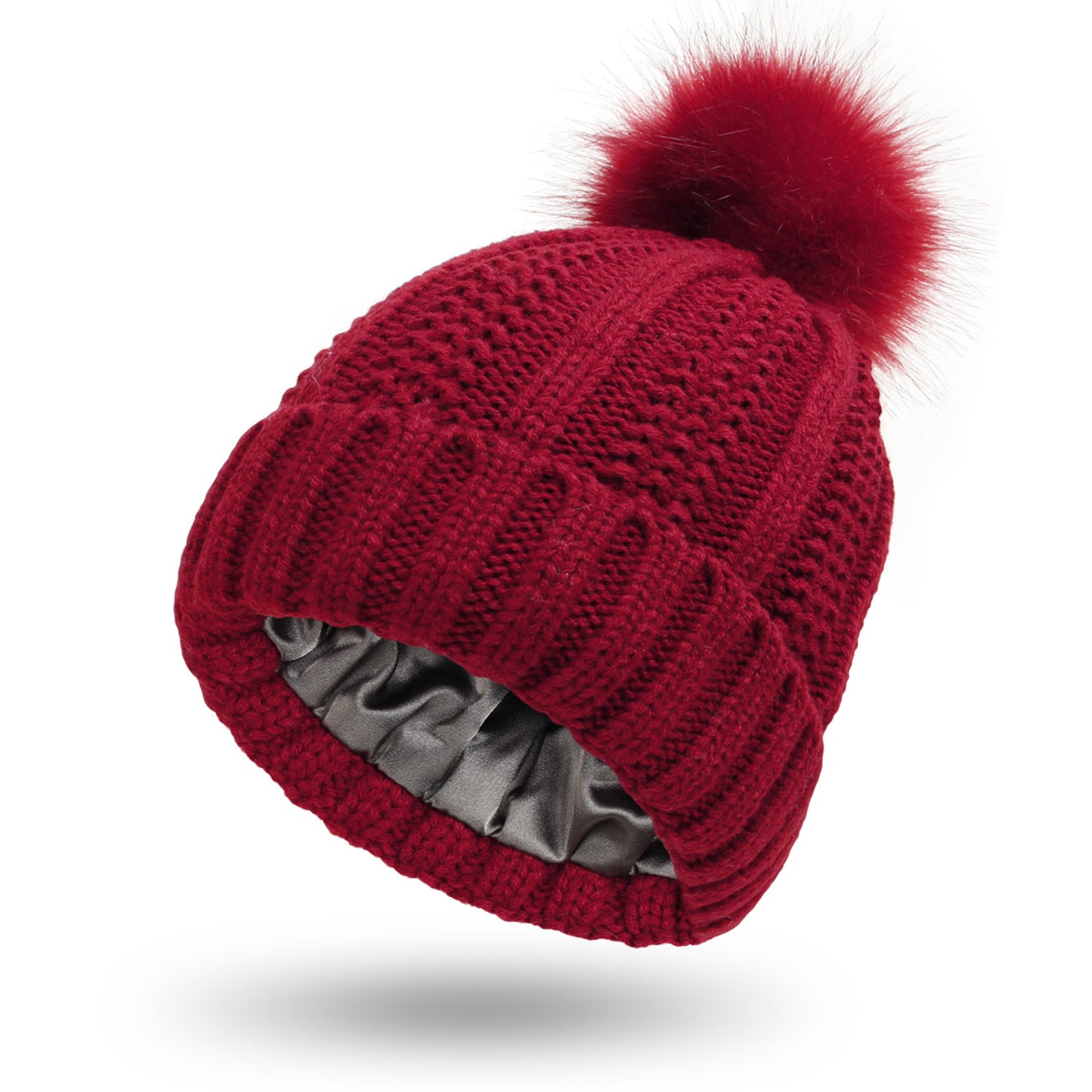 Satin Lined Knit Hats Beanie Hat For Women Toque Faux Fur Pom Pom Hat Winter Warm Beanie Hat