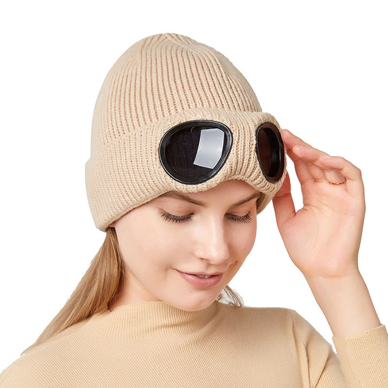 Warm Knitted Woolen Hats With Windproof Glasses Winter For Men And Women Ear Protection Cap