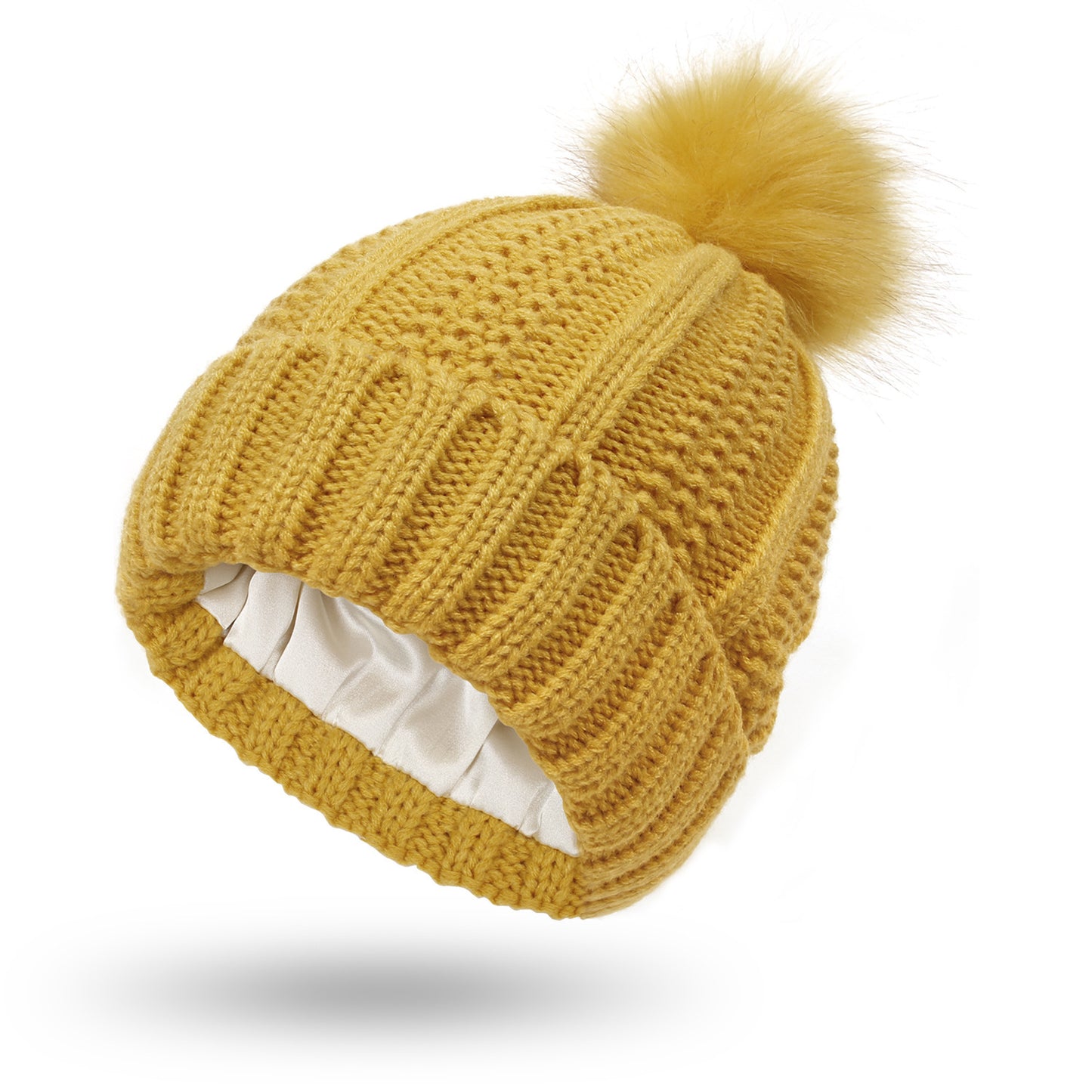 Satin Lined Knit Hats Beanie Hat For Women Toque Faux Fur Pom Pom Hat Winter Warm Beanie Hat