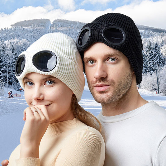 Warm Knitted Woolen Hats With Windproof Glasses Winter For Men And Women Ear Protection Cap