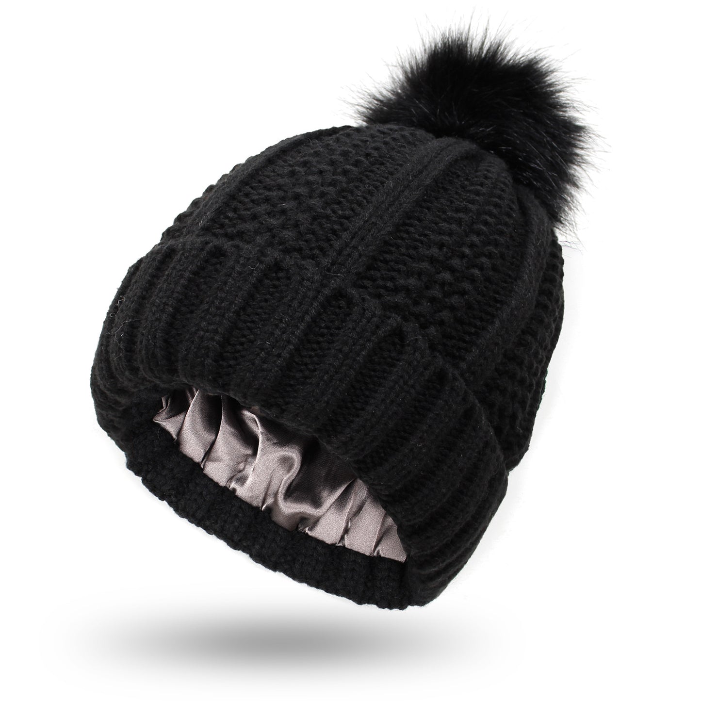 Satin Lined Knit Hats Beanie Hat For Women Toque Faux Fur Pom Pom Hat Winter Warm Beanie Hat