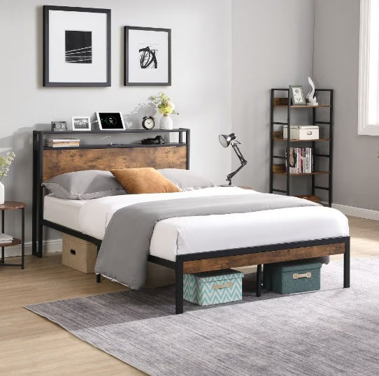 Queen Size, Metal Bed Frame With Wooden Headboard And Footboard With USB LINER