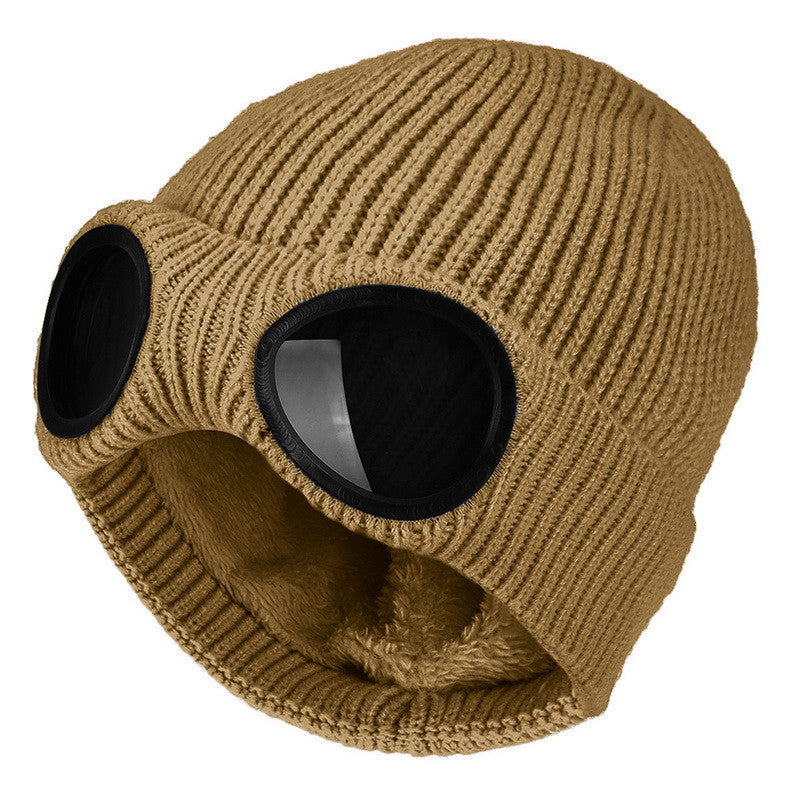 Warm Knitted Woolen Hats With Windproof Glasses Winter For Men And Women Ear Protection Cap